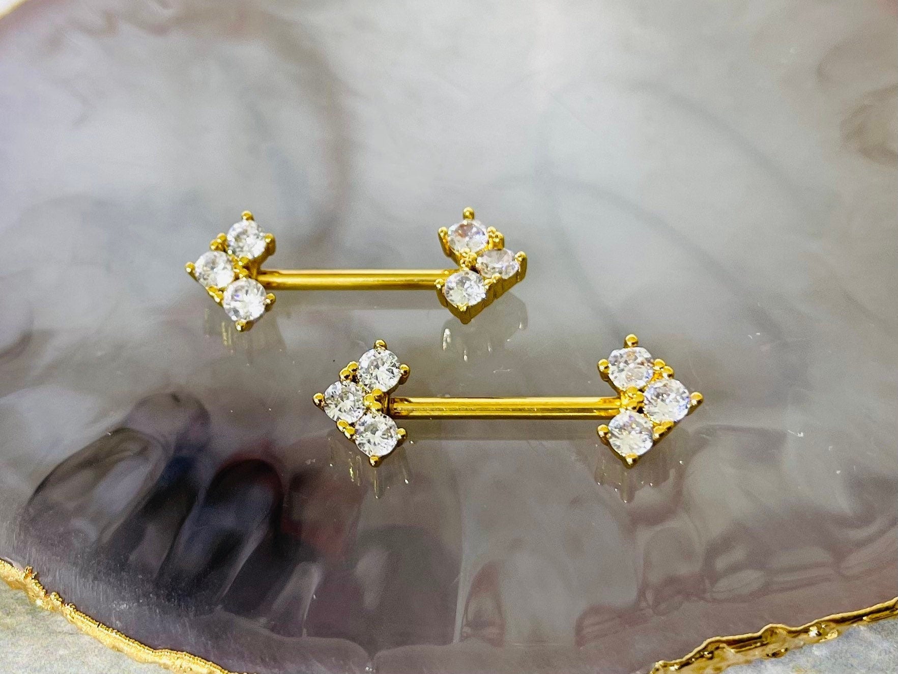 Pair of 14G Gold Elegant Sparkling Triple Gem Nipple Barbells. Nipple Rings. Nipple Piercing. Nipple Jewelry. Body Jewelry.