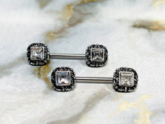 Pair of 14G Antique Silver with Clear Square Stone Nipple Barbells. Nipple Piercing. Nipple Rings. Nipple Jewelry