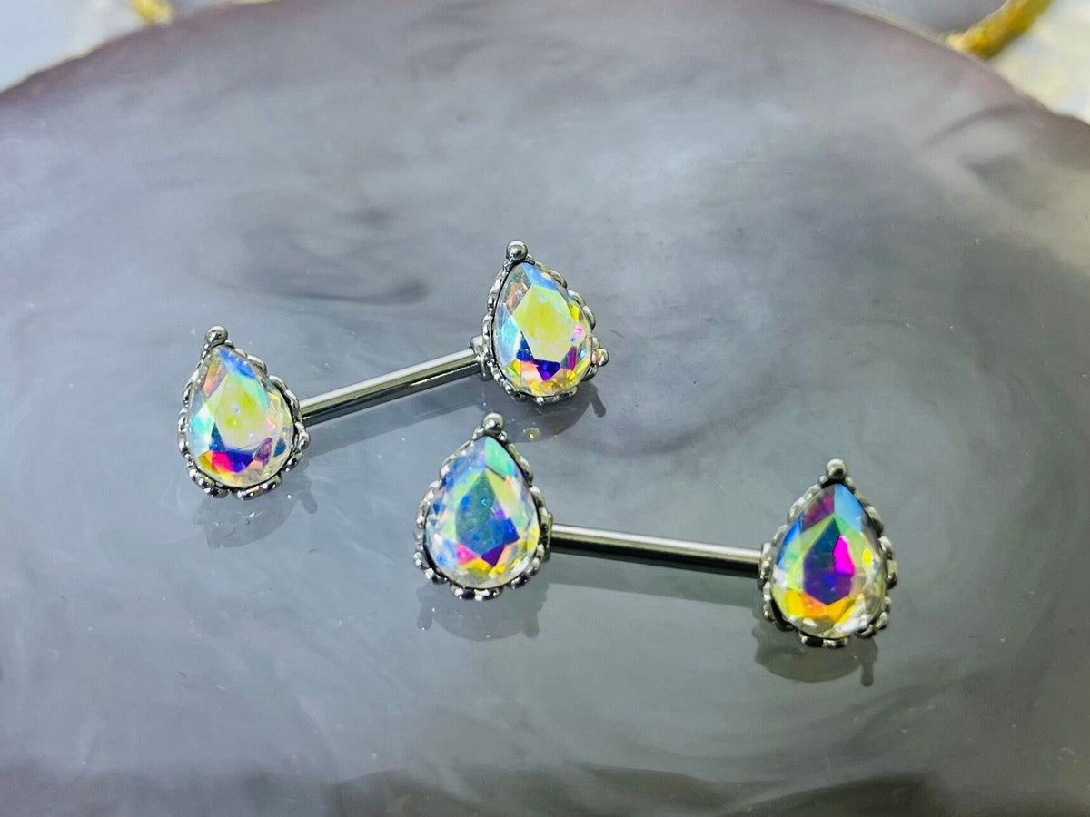 Pair of 14G Sparkling Clear Multicolor Effect Teardrop Stones Nipple Barbells. Nipple Piercing. Nipple Rings. Nipple Jewelry