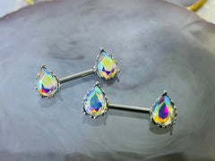 Pair of 14G Sparkling Clear Multicolor Effect Teardrop Stones Nipple Barbells. Nipple Piercing. Nipple Rings. Nipple Jewelry