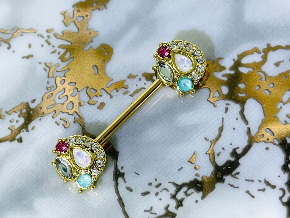 Pair of 14G Gold Sparkling Opal Medley Nipple Barbells. Nipple Piercing. Nipple Jewelry. Nipple Rings.