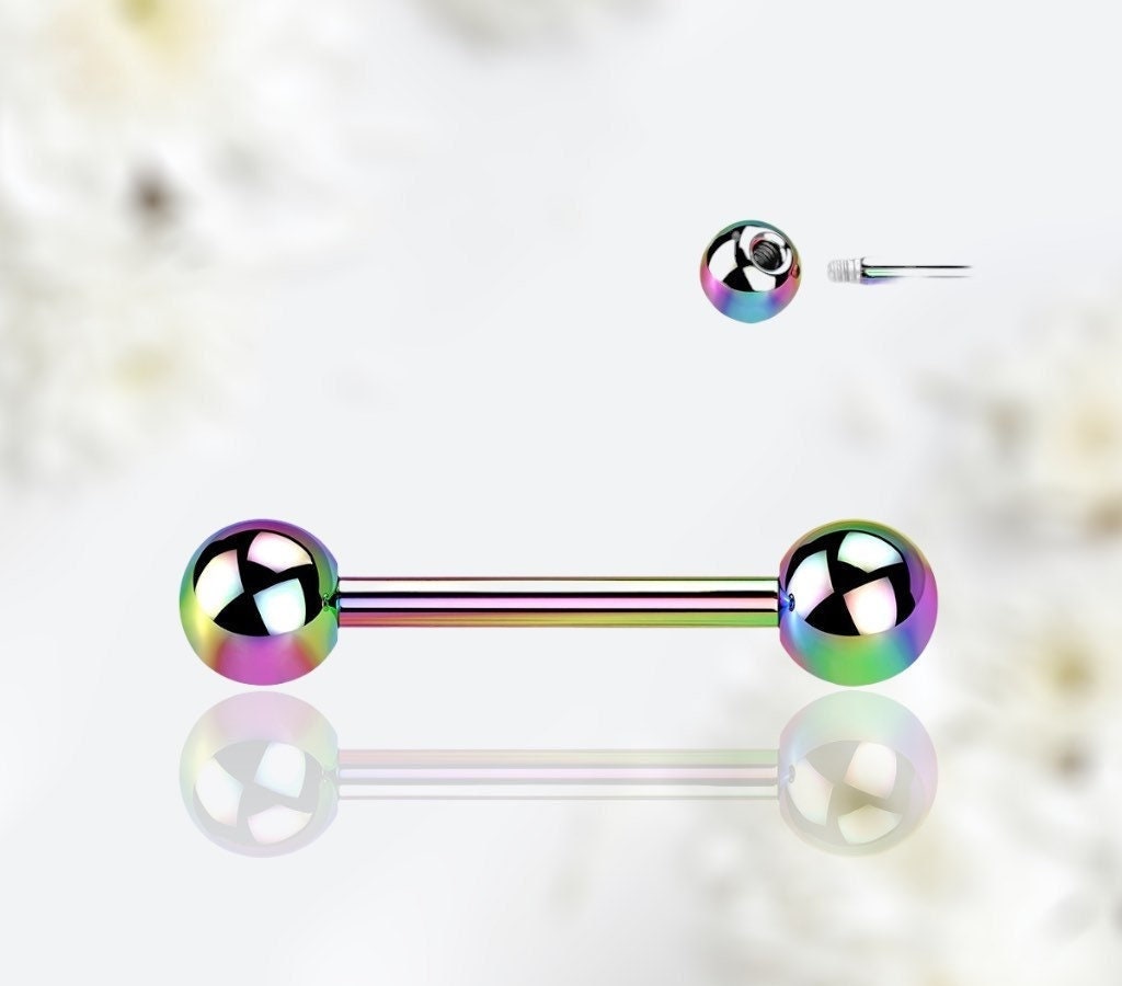 Pair of 14G Externally Threaded Implant Grade Titanium Plain Rainbow Nipple Barbells. Nipple Rings. Nipple Jewelry. Nipple Piercing.