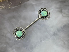 Pair of 14G Surgical Steel Antique Flower with Green Opal Nipple Barbell. Nipple Rings. Nipple Piercing. Nipple Jewelry.