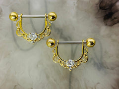 Pair of 14G Gold Clear Gem Filigree Dangle Nipple Barbell