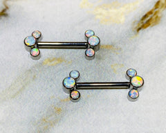 Pair of 14G Implant Grade Titanium Internally Threaded White Opal Nipple Barbells. Nipple Piercing. Nipple Jewelry. Nipple Barbells