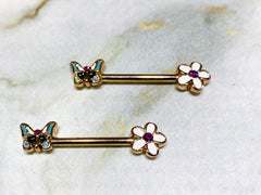 Pair of 14G Rose Gold Spring Flower and Butterfly Nipple Barbells. Nipple Rings. Nipple Jewelry. Nipple Piercing