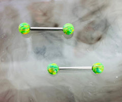 Pair of 14G Internally Threaded Green Opal End Nipple Barbell. Nipple Rings. Nipple Piercing. Nipple Jewelry.