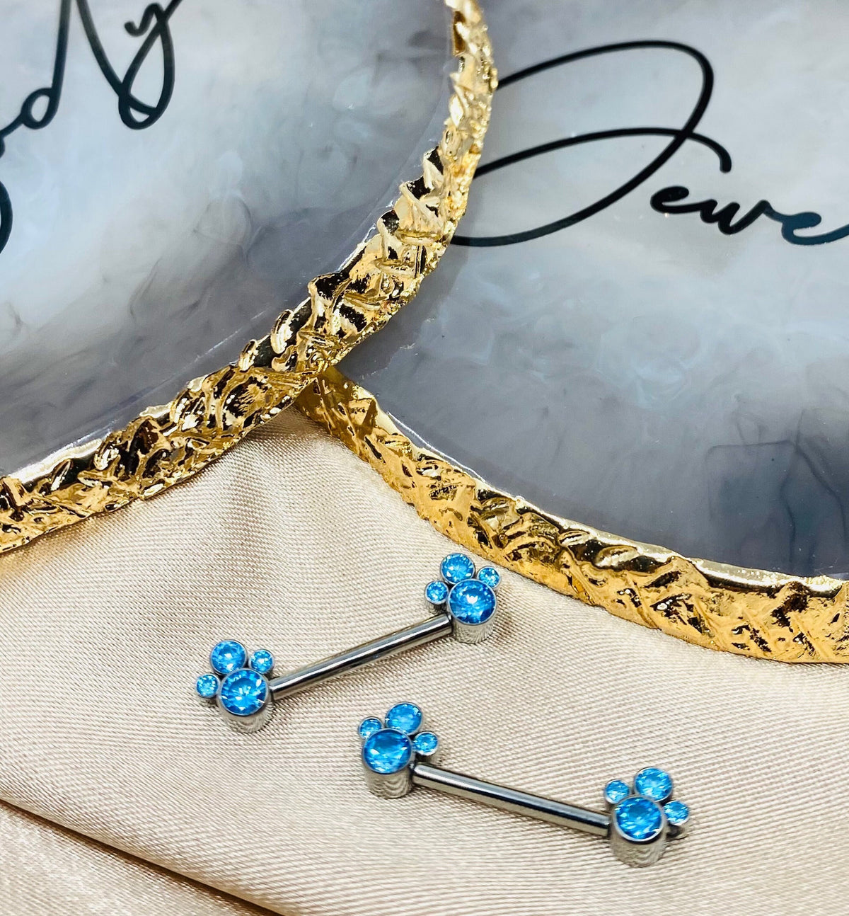 Pair of 14G Implant Grade Titanium Internally Threaded Blue Gems Paws Nipple Barbells. Nipple Jewelry.