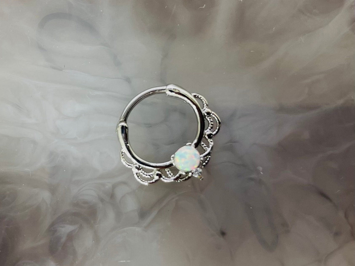 16G Single White Opal Center Lacey Septum Clicker Ring