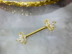 14G Gold Clear Marquise Stones Nipple Barbell. Nipple Piercing. Nipple Rings. Nipple Jewelry.