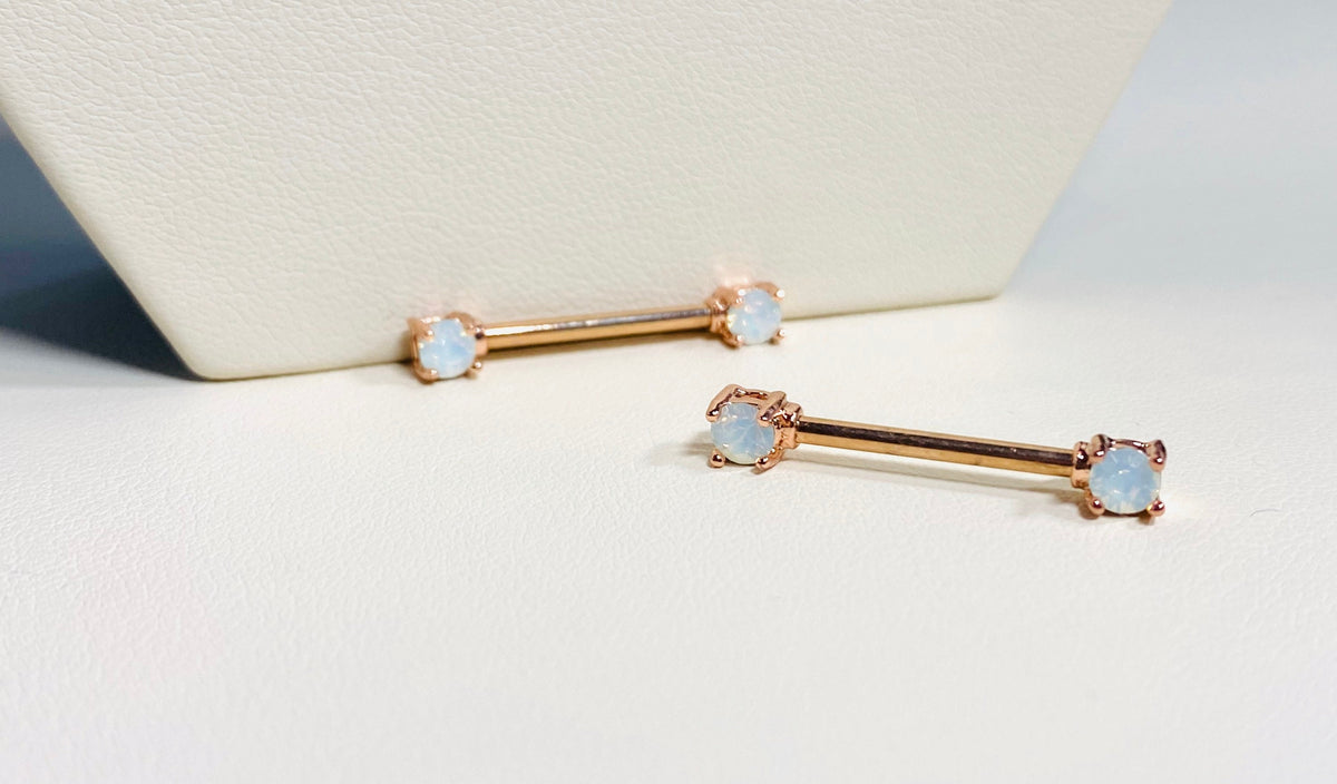 Pair of 14G Rose Gold White Opal Gem Nipple Barbell. Nipple Piercings. Nipple Rings. Nipple Jewelry