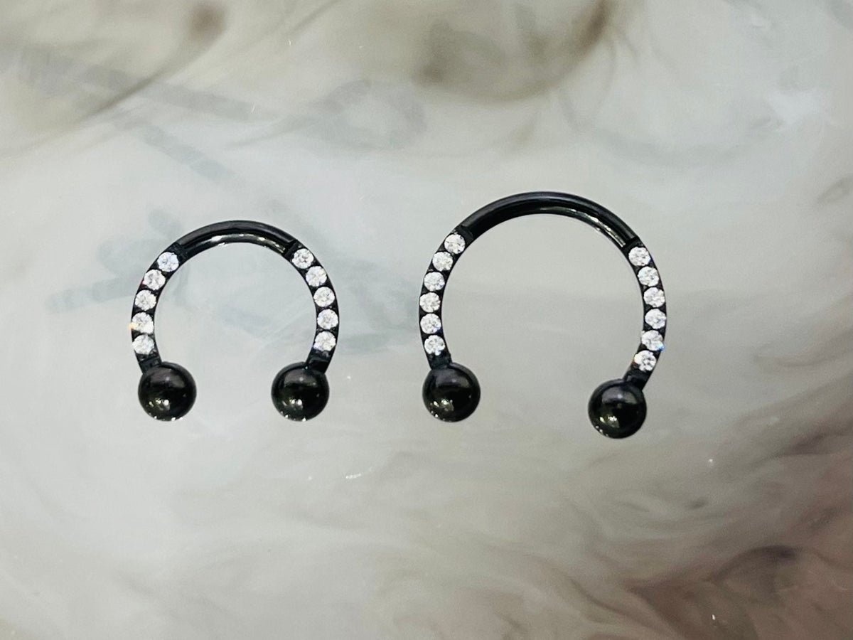 16G Black Front Facing Clear Gems Horseshoe Ring Septum Ring.Septum Jewelry