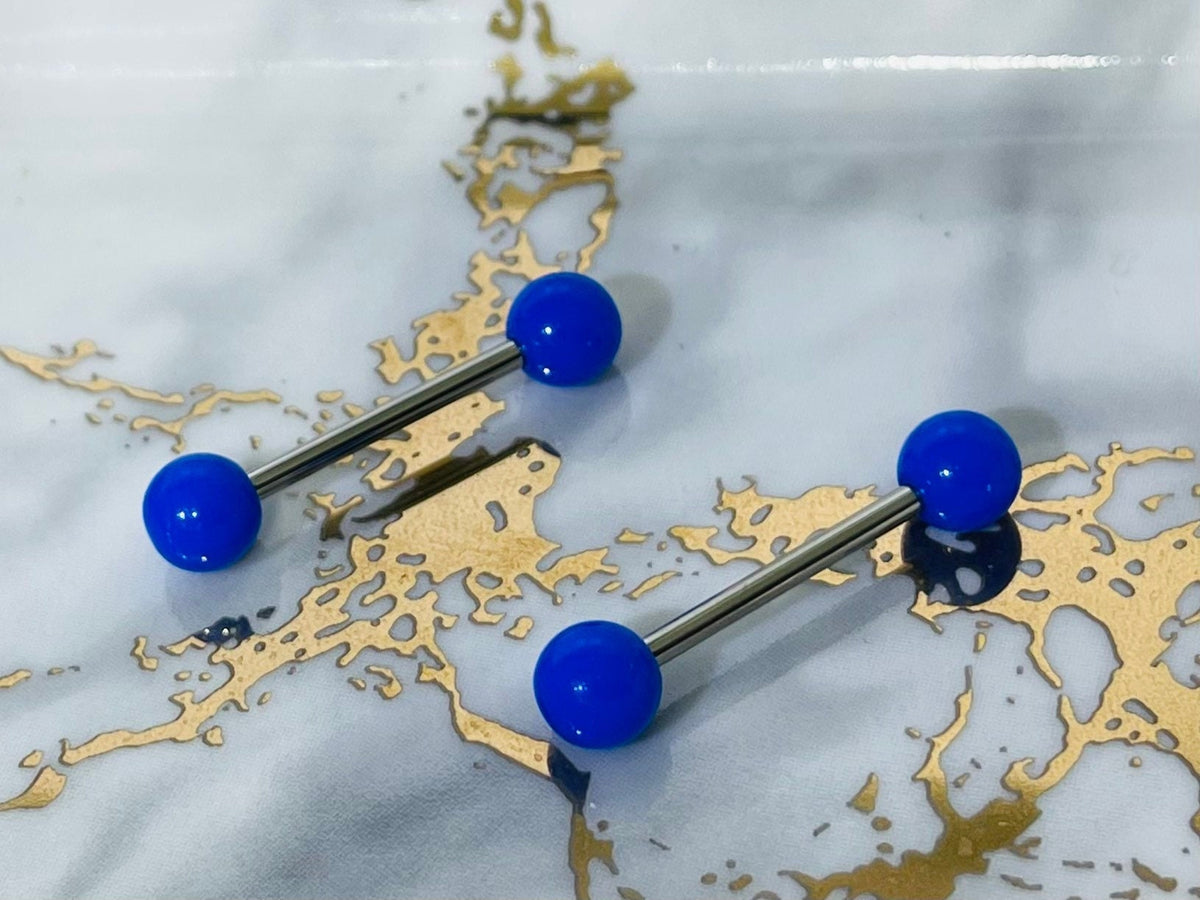 Pair of 14G Basic Petite Solid Blue Nipple Barbell. Nipple Rings. Nipple Piercing. Nipple Jewelry. Petite Nipple Jewelry