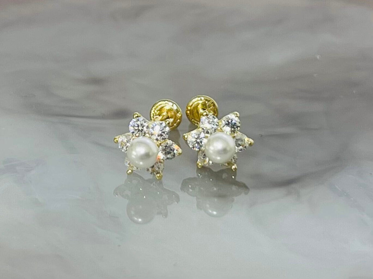 14K Real Gold White Pearl Centered Clear Stones Flower Screw Back Earrings. 14K Gold. 14K Gold Earrings.