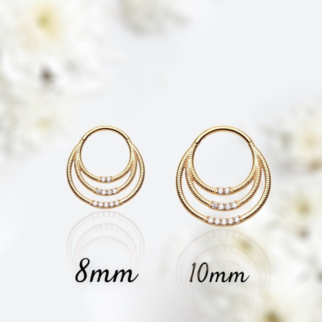 16G Gold Triple Row with Clear Stones Seamless Hinged Septum Clicker Ring. Septum Piercing. Nose Ring