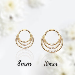 16G Gold Triple Row with Clear Stones Seamless Hinged Septum Clicker Ring. Septum Piercing. Nose Ring