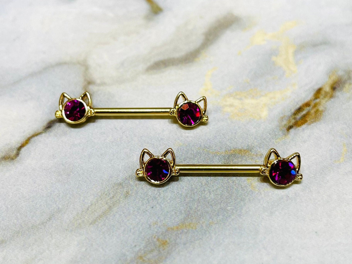 Pair of 14G Gold Kitty with Hot Pink Center Stone Nipple Barbells. Nipple Rings. Nipple Jewelry