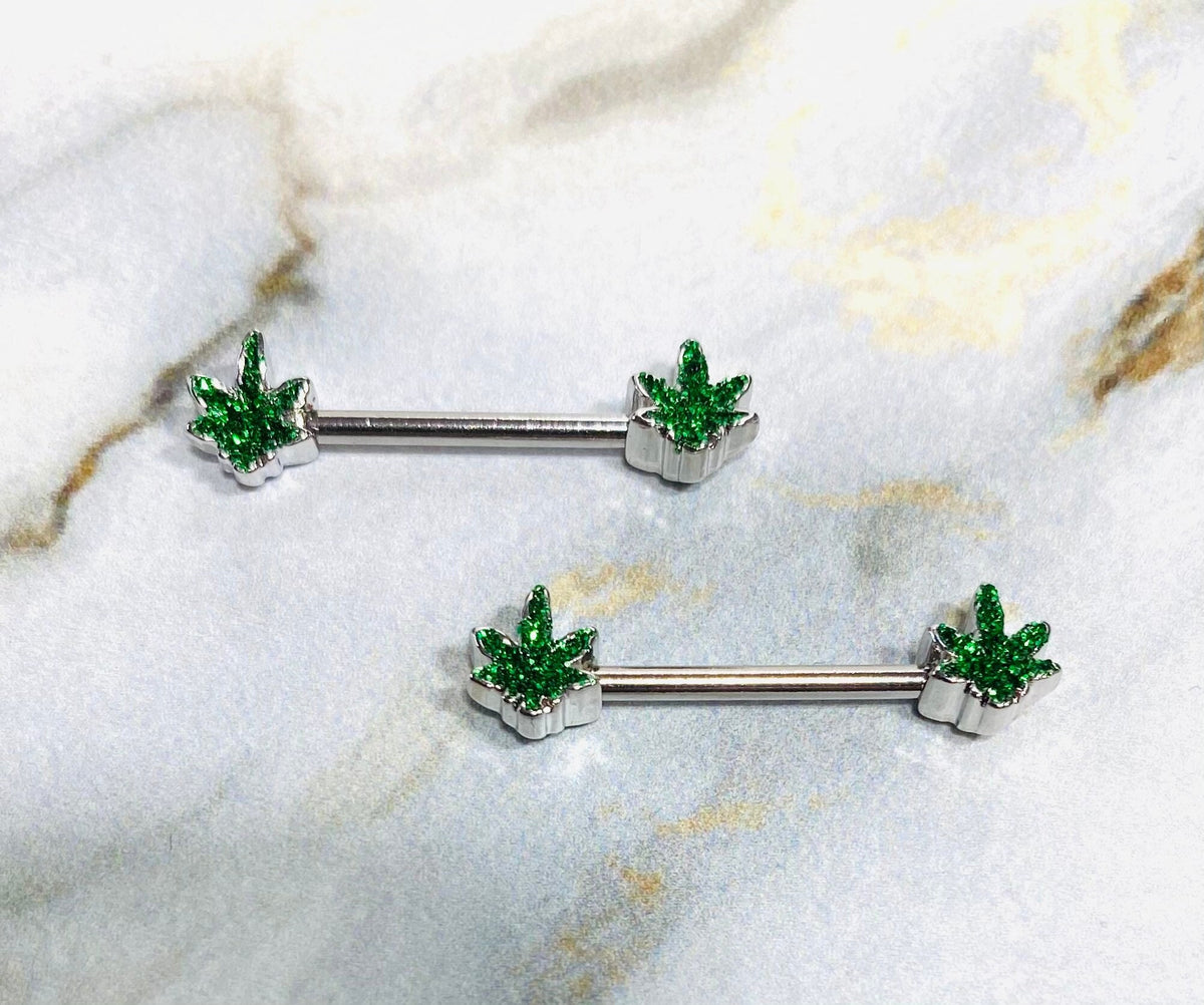 A Set of Silver Marijuana Leaf Cannabis Pot Leaf Nipple Barbell. Nipple Rings. Nipple Jewelry. Nipple Piercing