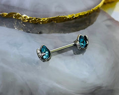 Pair of 14G Pear Shape Aqua Stones Nipple Barbell. Nipple Rings. Nipple Jewelry. Nipple Piercing.