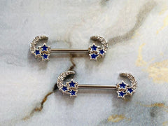 14G Silver Clear Stone Crescent Moon with Blue Stars Nipple Barbells. Nipple Piercings. Nipple Rings. Nipple Jewelry