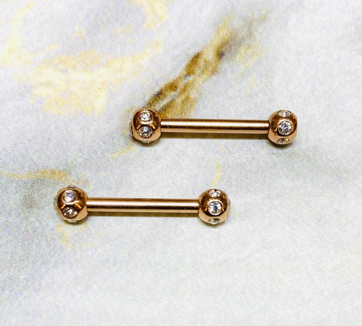 Pair of 14G Rose Gold Nipple Barbells with Clear Stone Balls. Nipple Rings. Nipple Jewelry. Nipple Piercing.