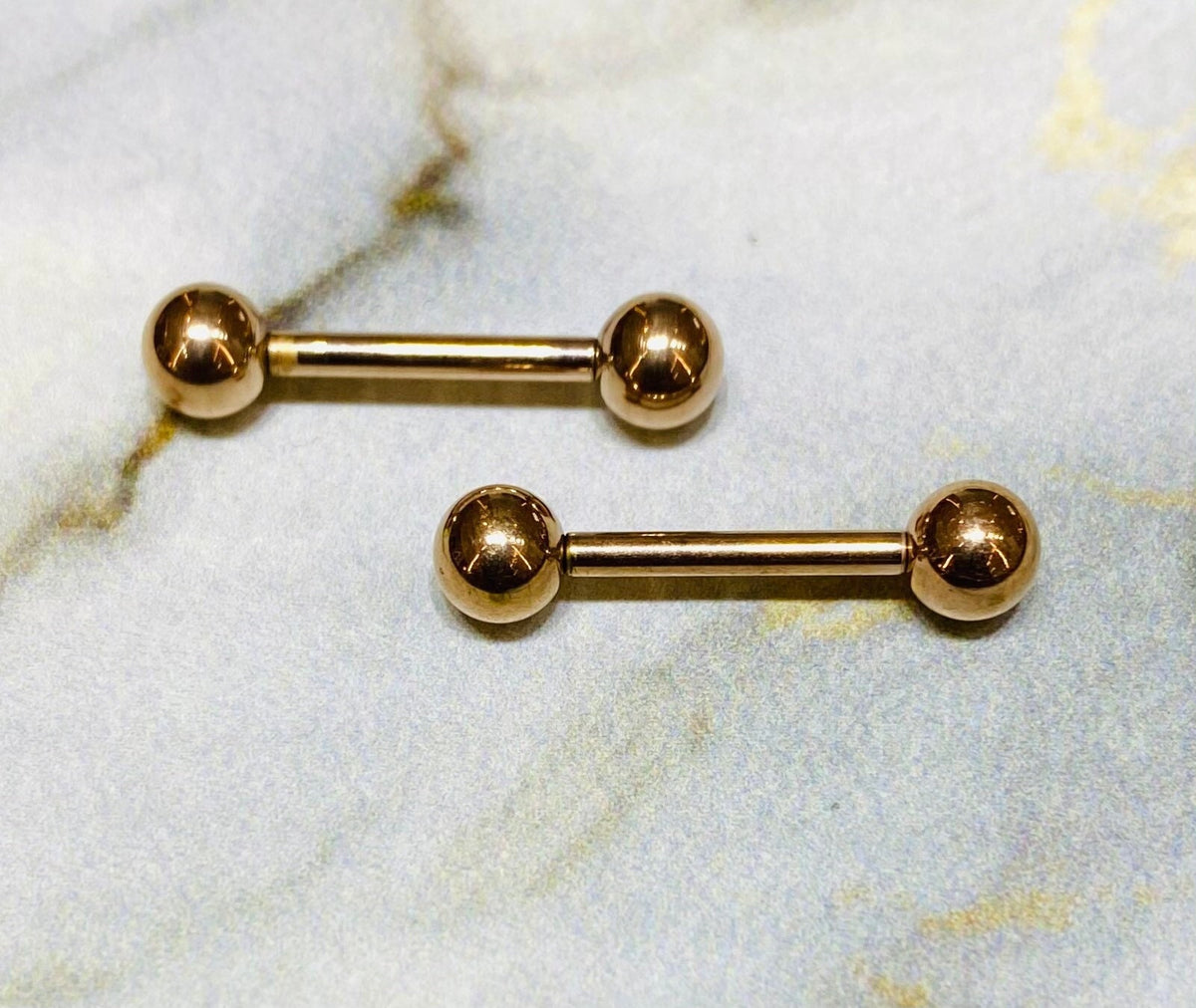 Pair of 14G Internally Threaded Implant Grade Titanium Rose Gold 12mm & 16mm Nipple Barbells. Nipple Rings. Nipple Jewelry. Nipple Piercing