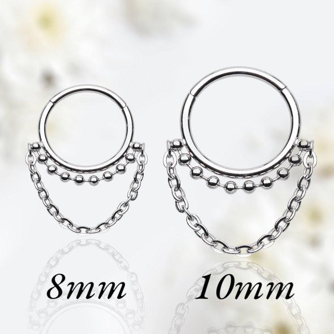 16G Silver Dangling Chain Beaded Seamless Septum Clicker Ring