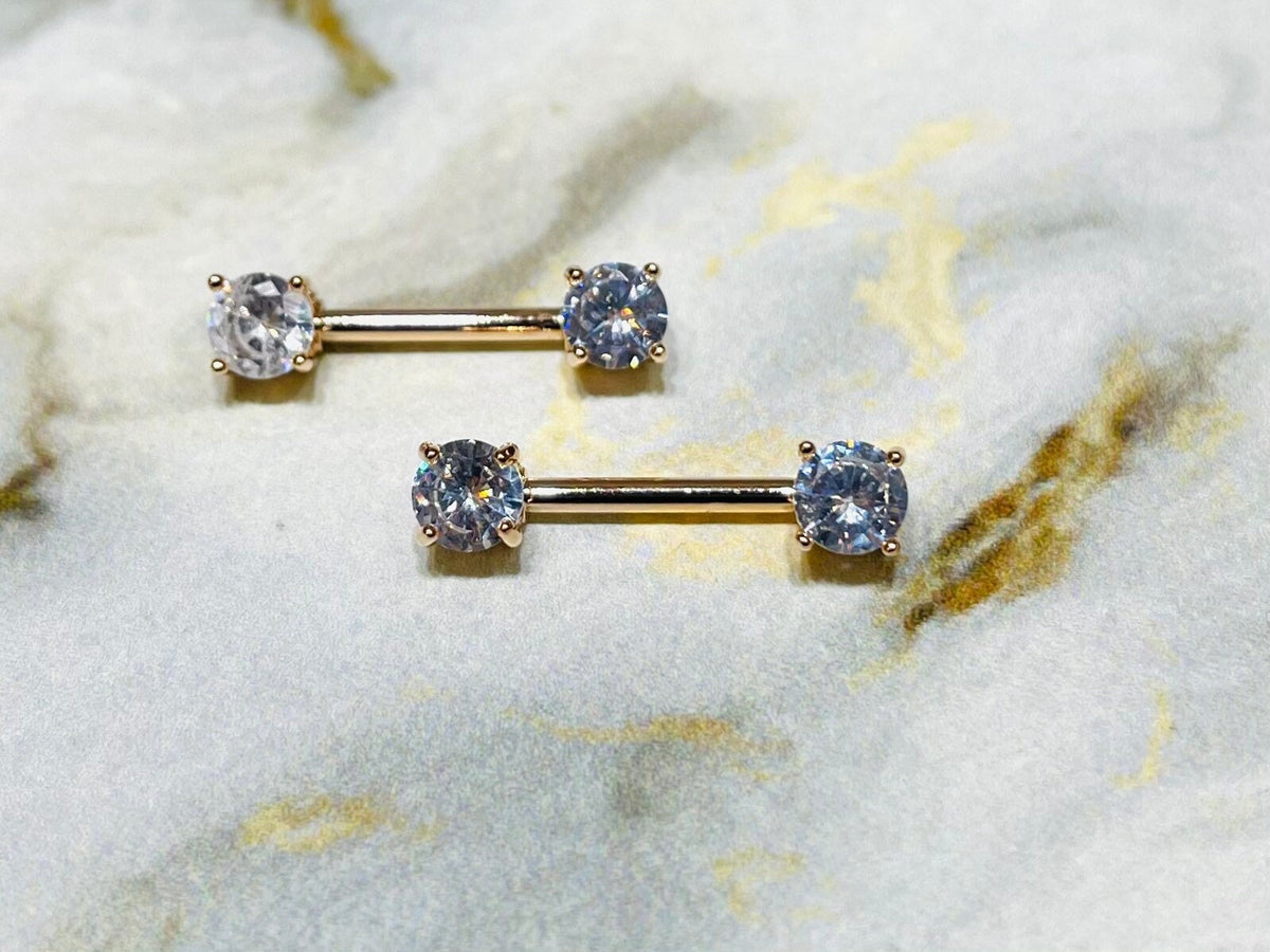 Pair of 14G Rose Gold Prong Setting Sparkling 7mm Stone Nipple Barbells. Nipple Rings. Nipple Piercing. Nipple Jewelry