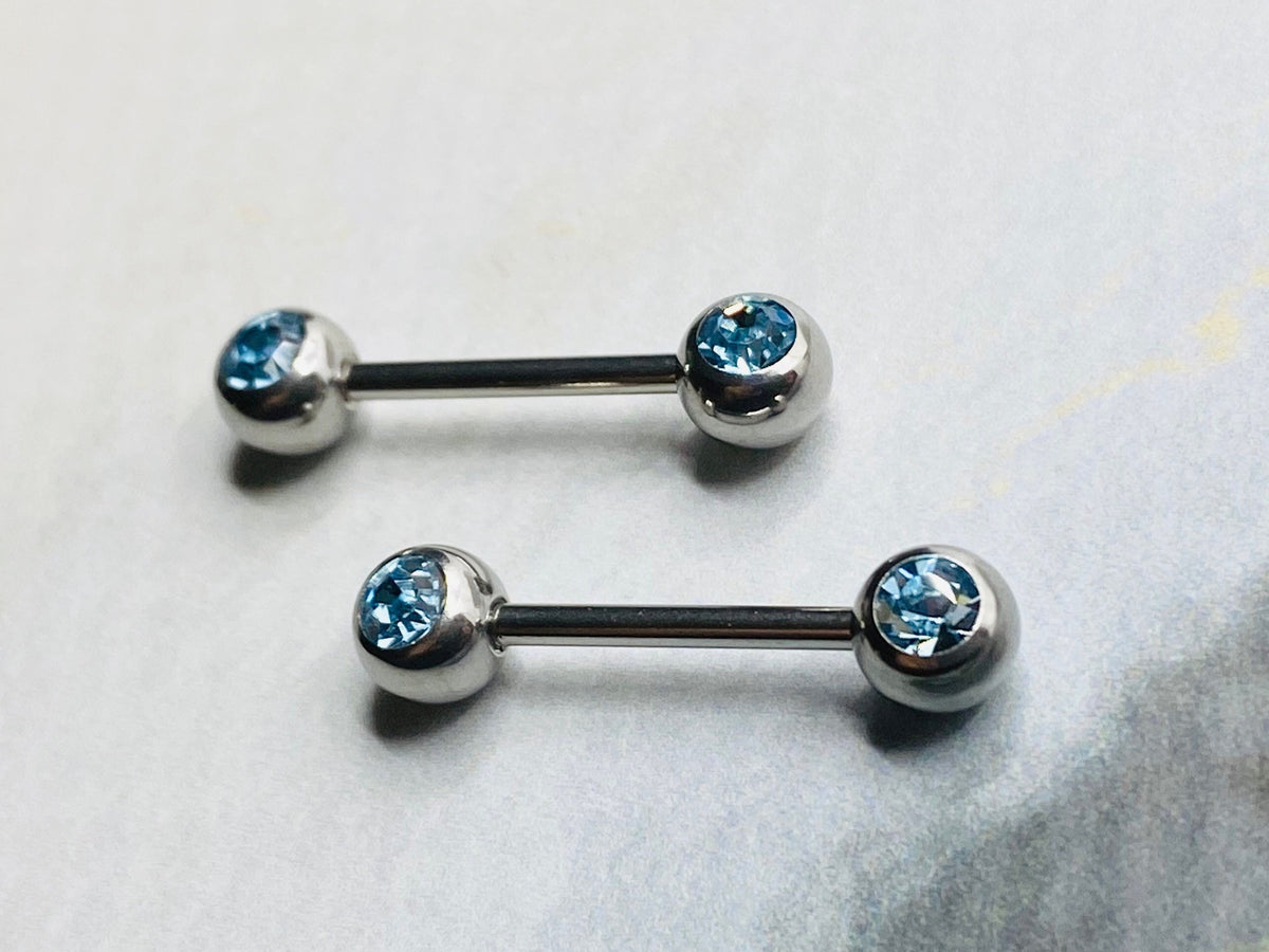 14G Front Facing Blue Crystals Nipple Barbells. Nipple Piercings. Nipple Rings. Nipple Jewelry.