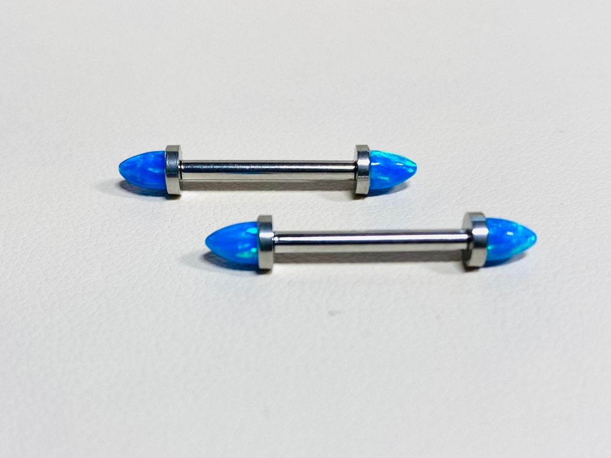 14G Implant Grade Titanium Internally Threaded  Blue Opal Ends Nipple Barbell. Nipple Piercings. Nipple Rings. Nipple Jewelry.