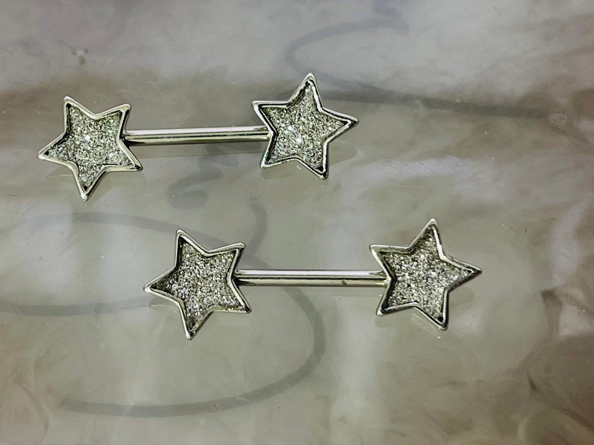 Pair of 14G Silver Glitter Star Ends Nipple Barbell