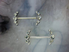 Pair of 14G Internally Threaded Sparkling Clear Stone Ray Nipple Barbell. Nipple Jewelry. Nipple Piercing.