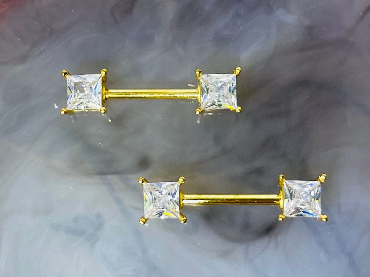 Pair of 14G Gold Sparkling Clear Square Stone Nipple Barbell. Nipple Jewelry. Nipple Piercing.