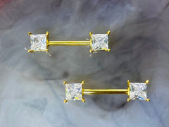 Pair of 14G Gold Sparkling Clear Square Stone Nipple Barbell. Nipple Jewelry. Nipple Piercing.