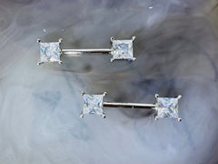 Pair of 14G Silver Sparkling Clear Square Stone Nipple Barbell. Nipple Jewelry. Nipple Piercing.