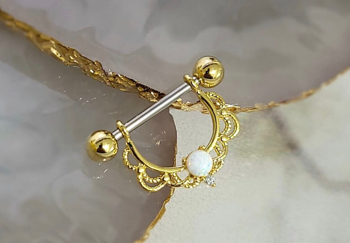 Pair of 14G Gold White Opal Center Filigree  Dangling Nipple Barbell