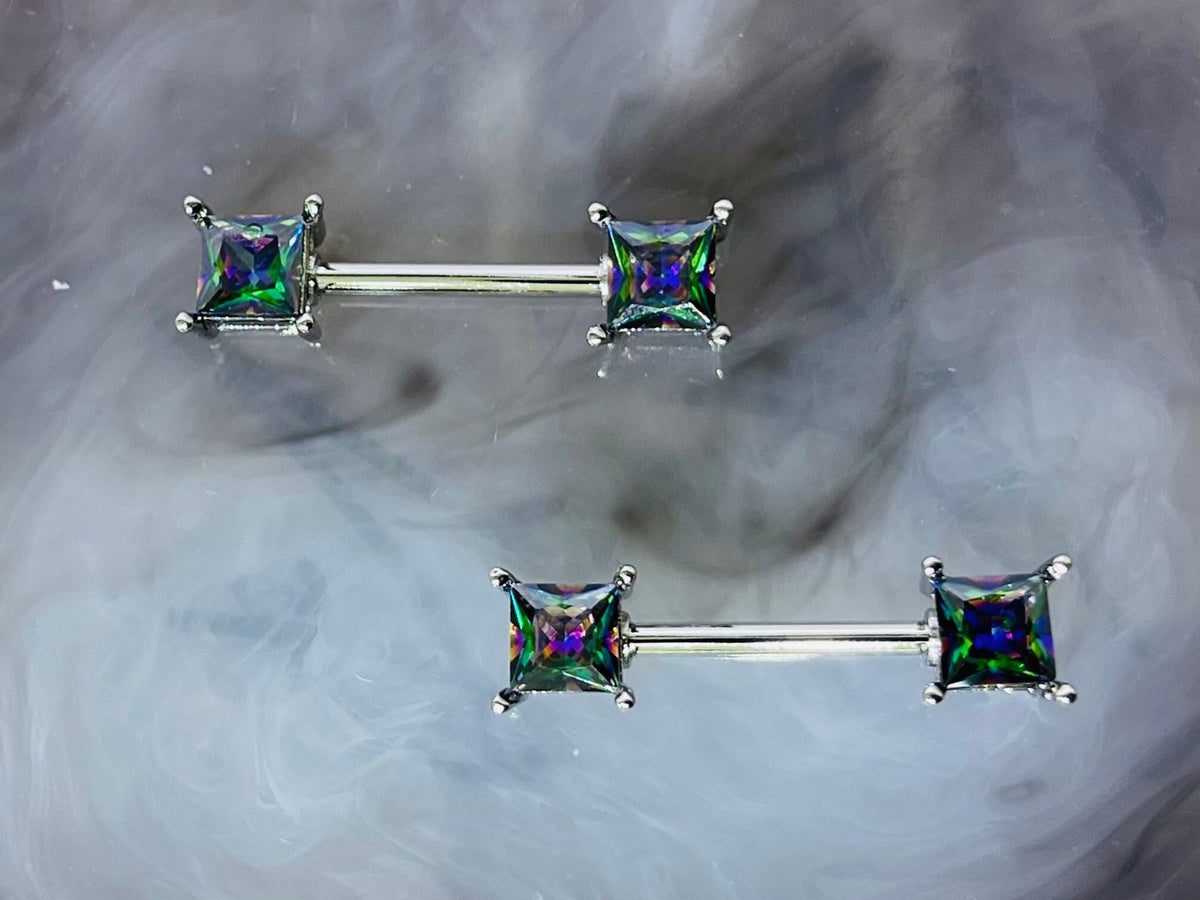 Pair of 14G Silver Sparkling Multicolor Square Stone Nipple Barbell. Nipple Jewelry. Nipple Piercing.