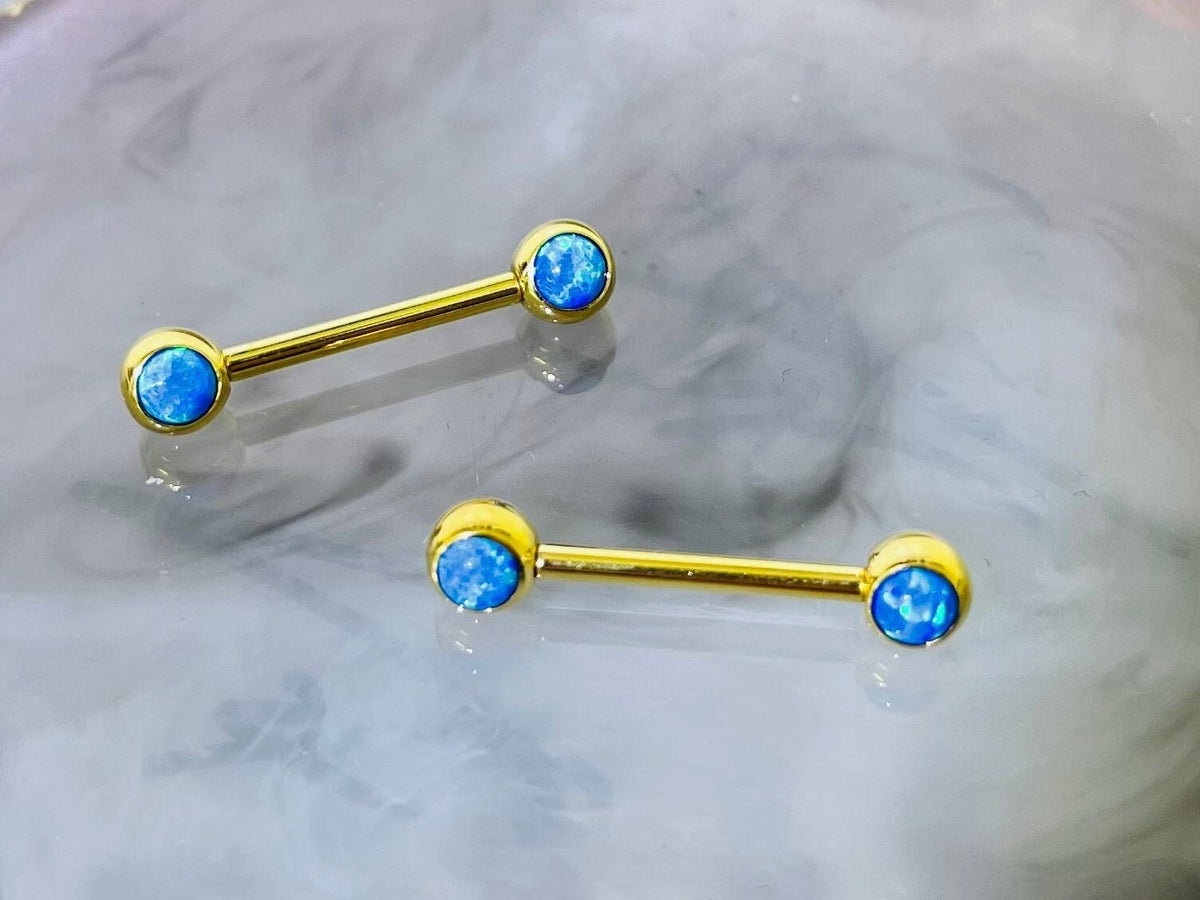 Pair of 14 Gold Internally Threaded Blue Opal End Nipple Barbell. Nipple Jewelry. Nipple Piercing. Nipple Rings.