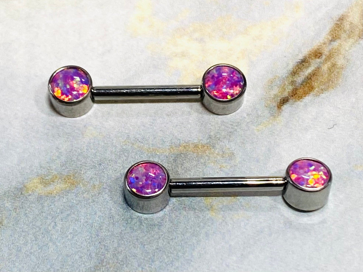 14G Implant Grade Titanium Internally Threaded Pink Opal Nipple Barbells. Nipple Rings. Nipple Piercings. Nipple Jewelry.