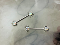 Pair of 14G Implant Grade Titanium Internally Threaded Multicolor Gems Beaded Edge Nipple Barbell. Nipple Piercing. Nipple Jewelry