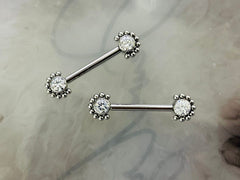 Pair of 14G Implant Grade Titanium Internally Threaded Clear Gems Beaded Edge Nipple Barbell. Nipple Piercing. Nipple Jewelry