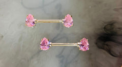 Pair of 14G Pink Teardrop Gems with Rose Gold Accent Nipple Barbells. Nipple Rings. Nipple Piercing. Nipple Jewelry.