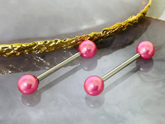 Nipple Ring Surgical Steel Hot Pink Pearls Nipple Barbell. Nipple Piercing. Nipple Rings. Nipple Jewelry.