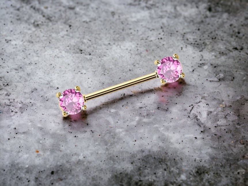 Pair of 14G Gold Prong Setting Sparkling Pink Stone Nipple Barbells. Nipple Rings. Nipple Piercing. Nipple Jewelry