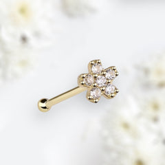 14Karat Yellow Gold Clear Gem Flower Nose Stud. Nose Piercing. Nose Ring.