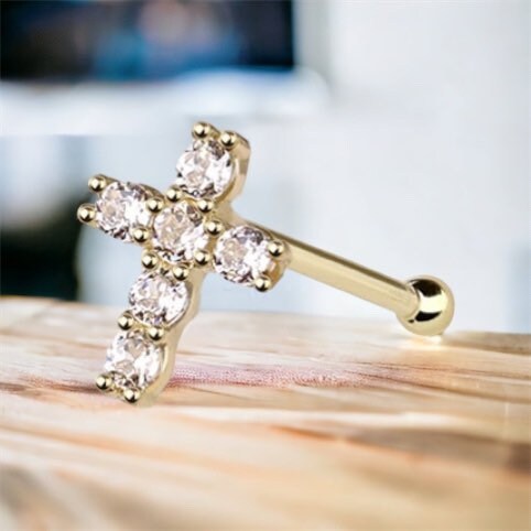 14Karat Yellow Gold Clear Gem Cross Nose Stud. Nose Piercing. Nose Ring.