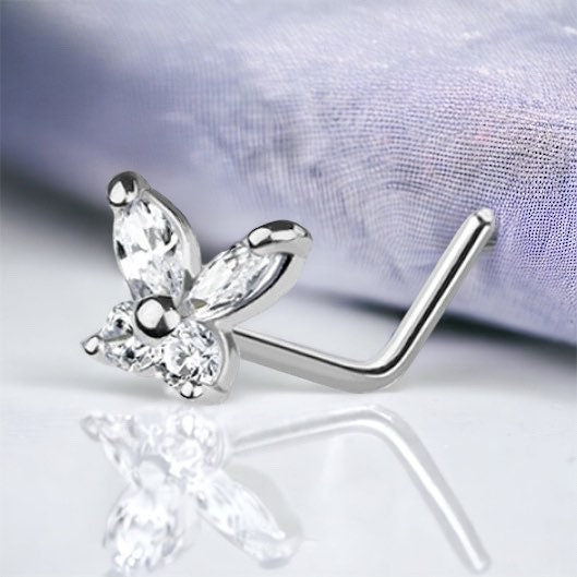 14Karat White Gold Clear Gem Butterfly L Shape Nose Stud. Nose Piercing. Nose Ring.