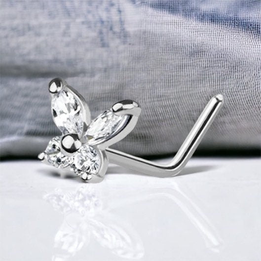 14Karat White Gold Clear Gem Butterfly L Shape Nose Stud. Nose Piercing. Nose Ring.