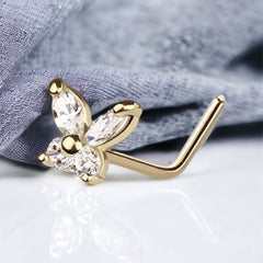 14Karat Yellow Gold Clear Gem Butterfly L Shape Nose Stud. Nose Piercing. Nose Ring.