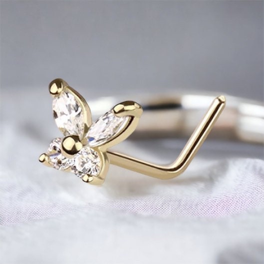 14Karat Yellow Gold Clear Gem Butterfly L Shape Nose Stud. Nose Piercing. Nose Ring.